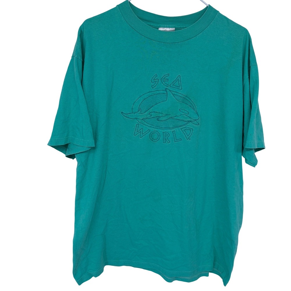 Vintage 90s Sea World T Shirt XL Mens Green Embroidered Spell Out & Orca‎ Tultex